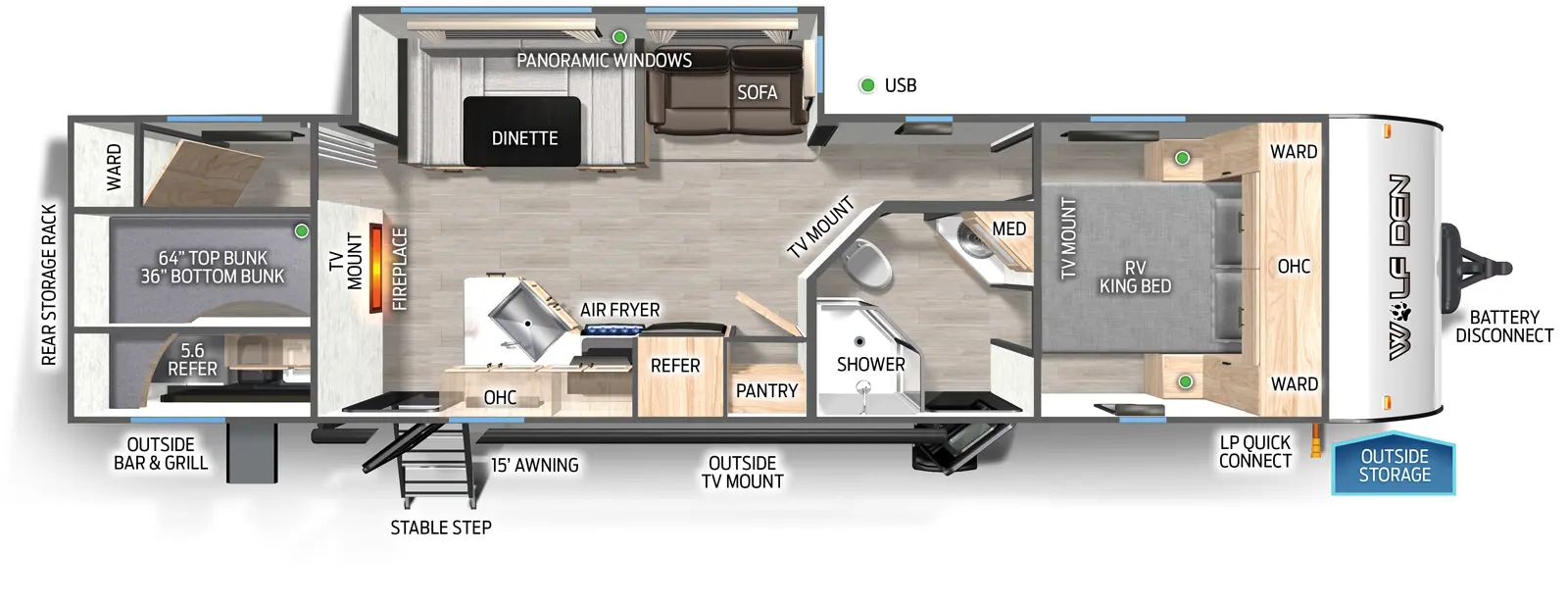 The Cherokee Black Label 294GEBGBL floorplan has two entries and one slide out. Exterior features include: fiberglass exterior, 15' awning and outside kitchen. Interiors features include: bunk beds, u-dinette and front bedroom.